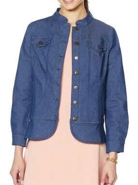 Nina Leonard Dark wash peplum Jean Jacket